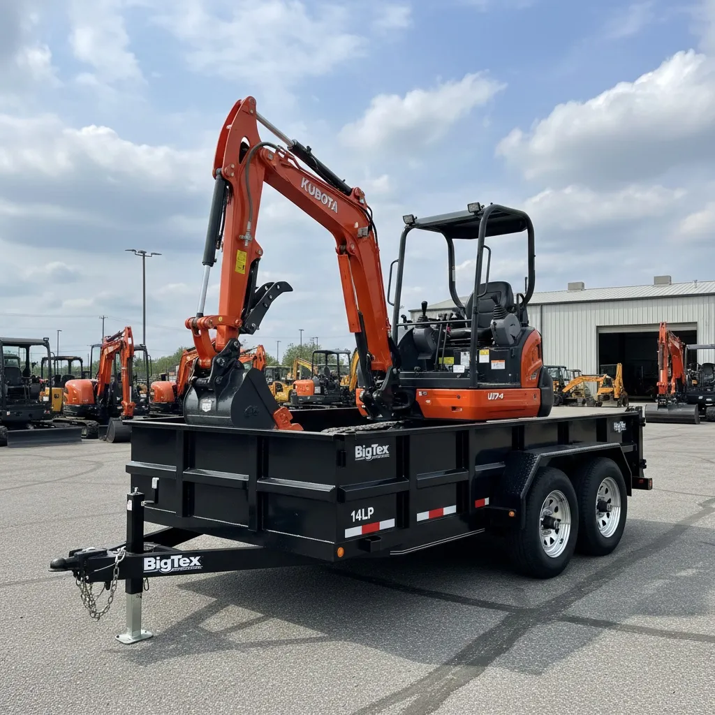 Kubota U27 mini excavator loaded on Big Tex 14LP-16 dump trailer