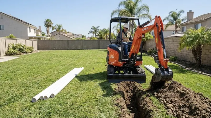 Kubota U27 mini excavator trenching in backyard for drainage installation Orange County