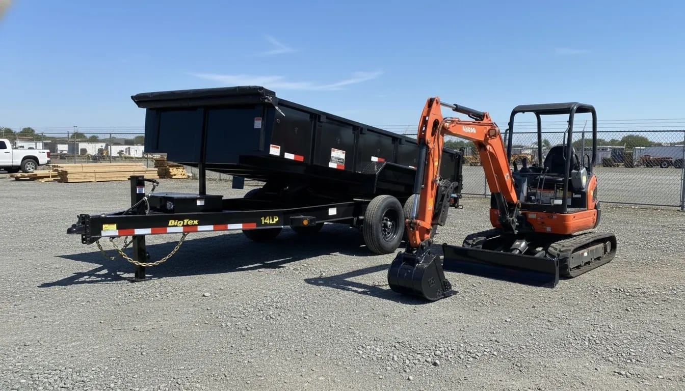 Kubota U27-4 mini excavator and Big Tex 14LP-16 dump trailer package for rent in Orange County CA