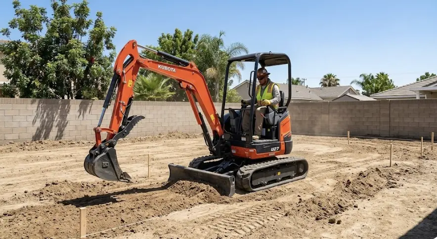Kubota U27 mini excavator grading and leveling job site in Orange County