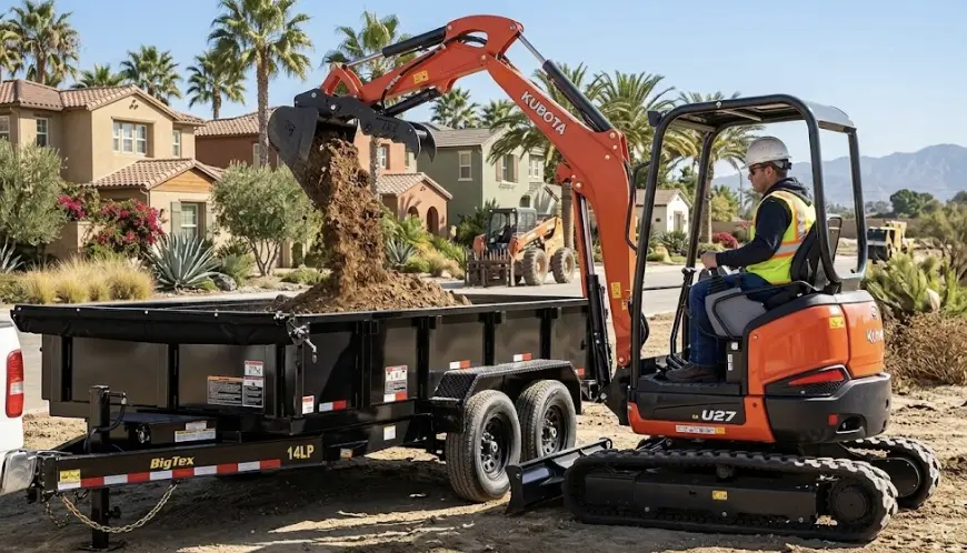 Kubota U27 mini excavator loading dirt into Big Tex dump trailer Orange County rental
