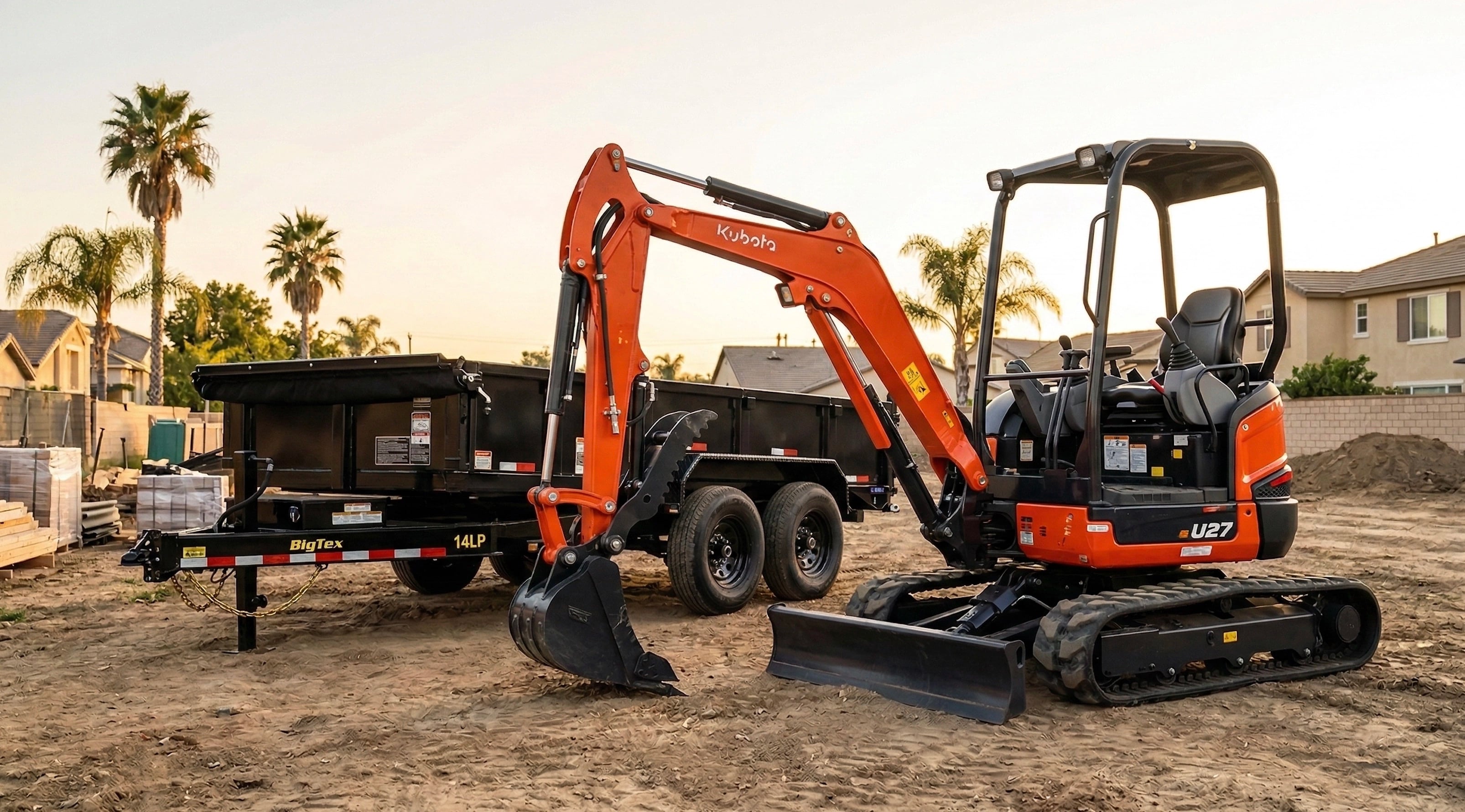 Kubota U27 mini excavator and Big Tex 14LP dump trailer rental at sunset in Orange County CA